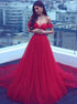 A Line Red Off The Shoulder Tulle Lace Up Prom Dress LBQ0448